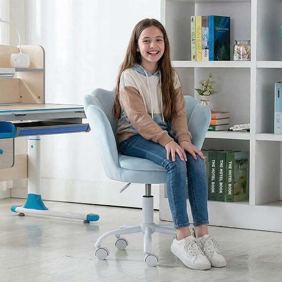 chairus Cute Kids Desk Chair Velvet Living Room Accent Armchair Upholstered Teens Vanity Chair with Seashell Back, Adjustable Swivel Children Study Chair for Computer Homework, Blue
