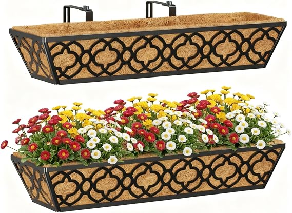 Y&M Deck Railing Planter Boxes, Adjustable Balcony Planter for Outdoor Plants, Metal Railing Planter Box for Deck, Fence and Porch, Window Boxes Outdoor, Sturdy Hanging Planter-24inch 2pcs