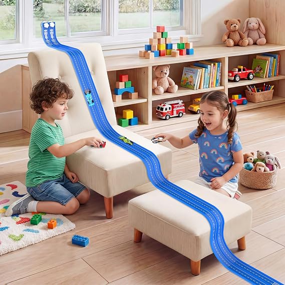 20Ft Flexible Slot Car Race Track Set, 1/64 Scale, with 4 Cars, Blue