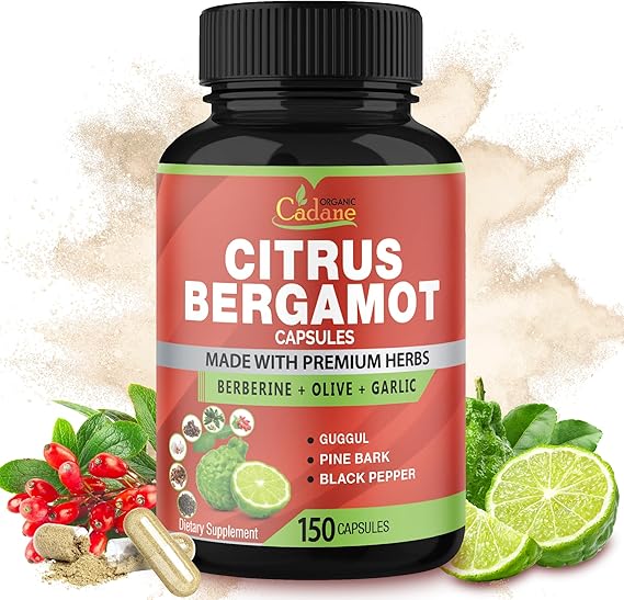 Cadane Citrus Bergamot Supplement Capsules with Berberine, Olive, Guggul, Garlic, Pine Bark, Black Pepper - 150 Caps for 5 Months Supply