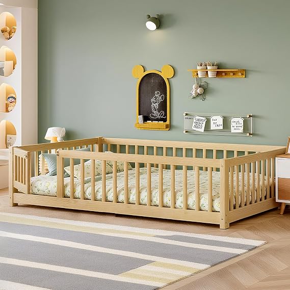 Bellemave Full Size Montessori Floor Bed Frame with Rails & Door, Solid Wood Kids Floor Bed Full with Removable Slats, Low Profile Montessori Bed for Childrens Sleep & Play, Natural