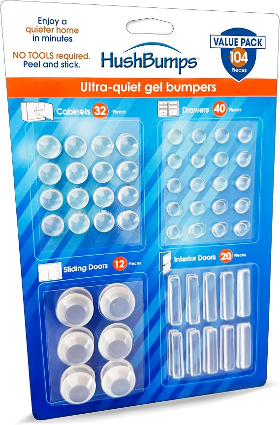 HushBumps Ultra-Quiet Gel Bumpers 104 Piece Variety Pack Multi-Layer Polyurethane Absorbs Shock & Dampens Sound Protect & Quiet Cabinets, Drawers, Interior Doors & Sliding Doors