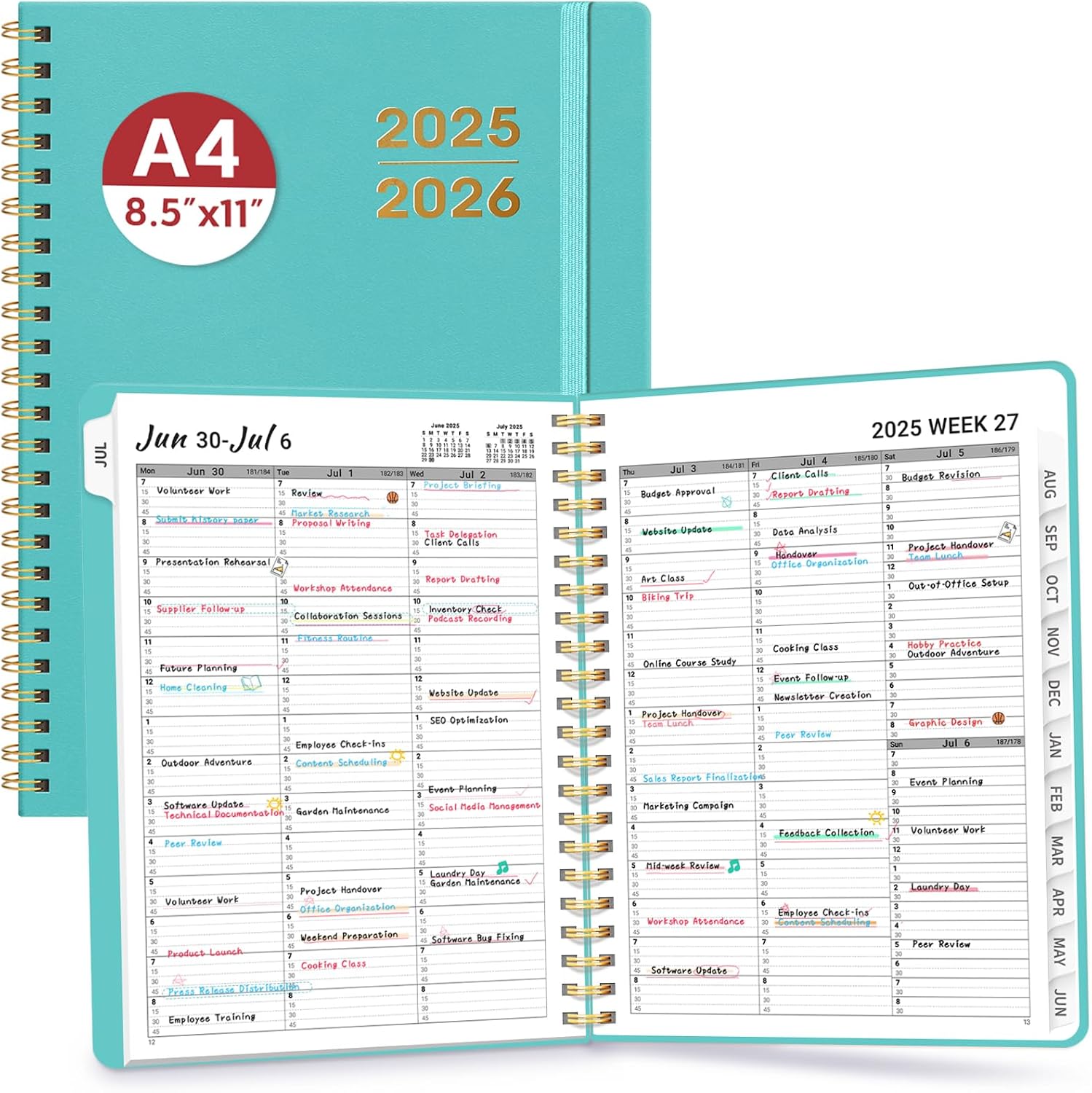 Appointment Book 2025-2026, Quarter-Hourly, Weekly & Monthly Academic Planner July 2025 - June 2026, 8.5x11 Schedule Book with Flexible Cover & Tabs, Perfect for Office School Supplies - Aquamarine