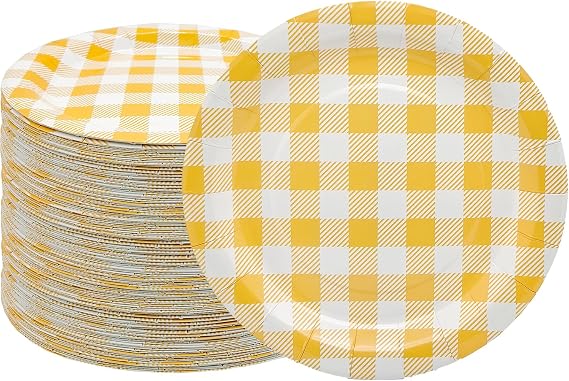 50Pcs Gingham Party Supplies 7" Yellow Plaid Paper Plates YellowCheckered Plate Disposable Yellow and White Plaid Plates for Baby Shower Wedding Picnic BBQ Birthday Party Decor