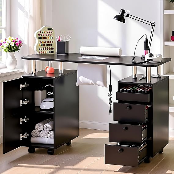 LED Manicure Table w/Built-in Dust Collector&4 Dust Bag,Rolling Nail Desk | Nail Table with 3 Drawer&2 Cabinet &Lockable Wheel&Wrist Rest for Beauty Nail Salon,Nail Workstation (Black)