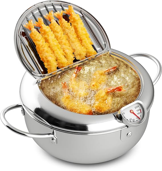 Mini Deep Fryer, Japanese Frying Pot, Temperature Gauge, 3.6 Quarts (3.2L) | Houseables Stove Top Deep Fryer Pot, Frying Pot with Basket, with Lid, Oil Drain Rack, Small, Baby, Tempura, Stainless Steel
