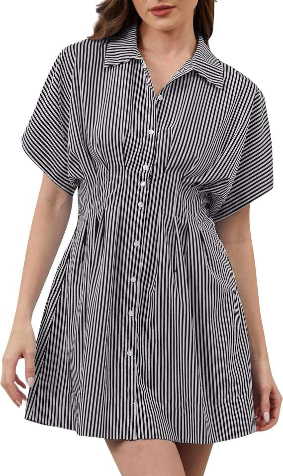 MSBESYOR Women Button Down Pleated Shirt Dress Summer Short Sleeve Blouse Striped Print Corset Mini Dresses