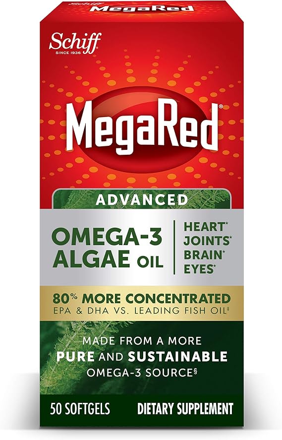 MegaRed Omega-3 Advanced Algae Oil 600mg, Softgels (50 Count in A Bottle), Omega-3s for Heart, Joints, Brain & Eye Health*, EPA, DHA, Algae Oil, Vegetarian