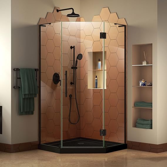 DreamLine Prism Plus 36 inch D x 36 inch W x 74 3/4 inch H Frameless Neo-Angle Hinged Shower Enclosure in Matte Black with Black Shower Base Kit