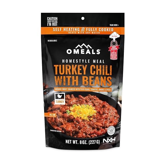OMEALS Turkey Chili with Beans-MRE-Sustainable Premium Outdoor Food-Extended Shelf Life-Fully Cooked w/Heater-No Refrigeration-Perfect for Outdoor Enthusiasts, Travelers, Emergency Supplies-USA Made