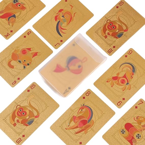 Durability Gold Foil Playing Cards with Cartoon Zodiacs Animals Waterproof Card for Gatherings Resilients Playing Cards
