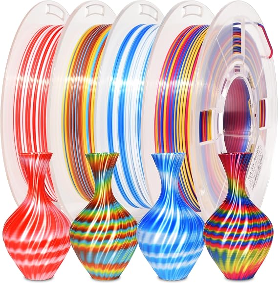 RAMBERY 3D Printer Filament Bundle Silk Rainbow PLA Filament, Multicolor Fast Color Change Toughness Upgraded 3D Printing Filament, 1.75mm 200gX4 Spools