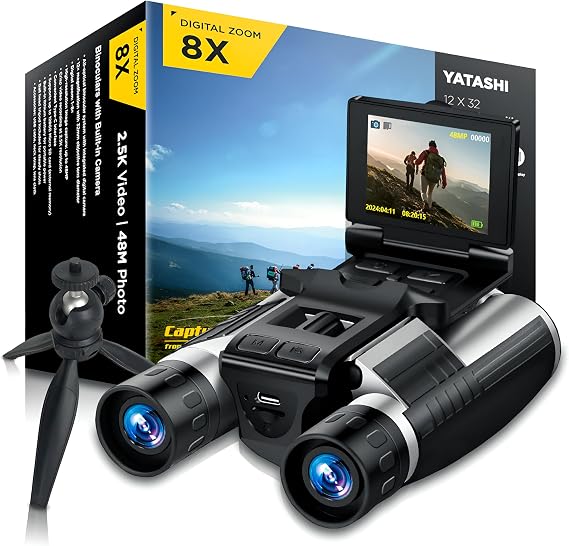Binoculars with Camera Built in 12x32 HD Zoom, 2" LCD Display, 48MP Photos & 2.5K Video, Ideal for Bird Watching, Concerts & Outdoor Adventures, Includes 32GB SD Card & Tripod