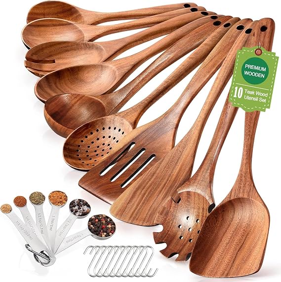 Spardar Teak Wooden Spoons for Cooking Teak wood cooking spoon wooden set including slotted spoon spatula salad spoon etc. suitable for kitchen and dining room