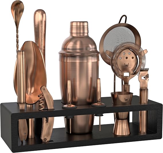 Highball & Chaser Bartender Kit with Espresso Bamboo Stand. Beautiful Cobbler Cocktail Shaker Set with Bar Tools Rustproof Stainless Steel Bar Set (Antique Copper)