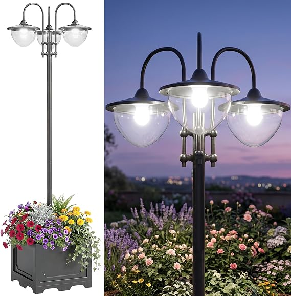 Outsunny 189cm 3-Head Solar Lamp Post Street Light with Planter LED, Black [Energy Class G]