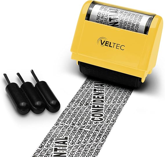 Veltec ID Protector Ink Roller - Identity Theft Protection Roller Stamp (Yellow, Stamp+3 Refills)
