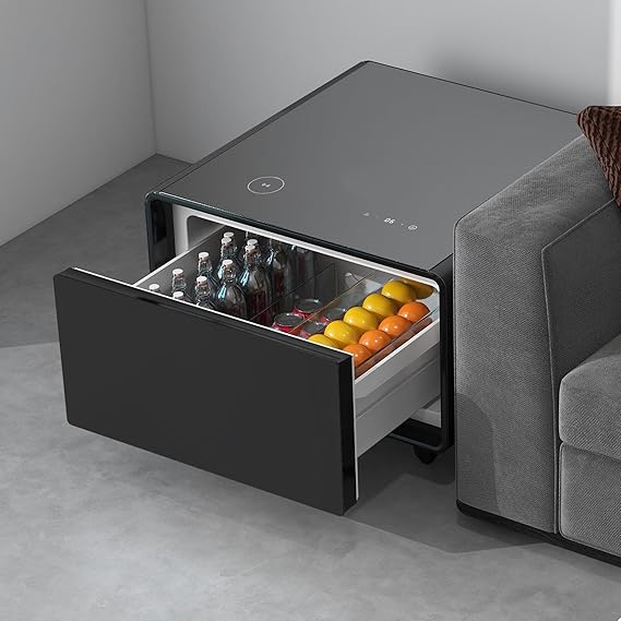 ZeHuoGe Modern Smart Side Table with Built-in Fridge, Wireless Charging, Temperature Control, Power Socket, USB Ports, Outlet Protection, Induction Light (Black)
