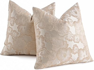 AmHoo Set of 2 Throw Pillow Covers Floral Relief Decorative Emboss Flower Pillows Cover Pillowcase for Sofa Couch Bed 18 x 18-Inch Champagne