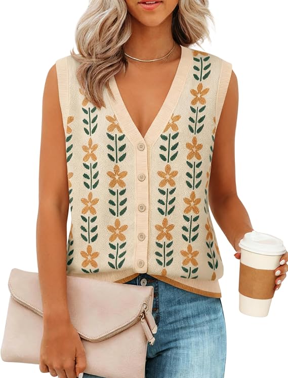 Lianlive Women's Sweater Vest Sleeveless Floral Printed V-Neck Knit Tank Tops Button Down Fall Cardigan Vests