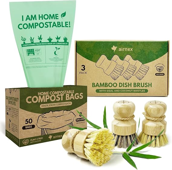 AIRNEX 50 Count Compost Bags for Countertop Bin 8 Gal & Bamboo Dish Brushes Pack of 3-100% Compostable Trash Bags made of Cornstarch - Medium Stiff Sisal and Strong Blend of Coconut Bristles Brushes