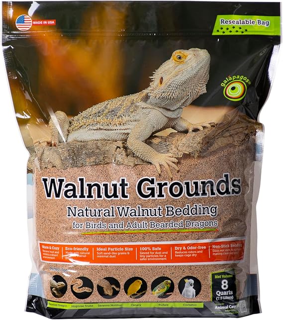 Galapagos (05074) Walnut Bedding Natural Crushed Walnut Shell Substrate - Ideal for Bearded Dragons, Reptiles, Birds, Terrariums - Absorbent & Easy-to-Clean Reptile Bedding, 8 QT, Natural