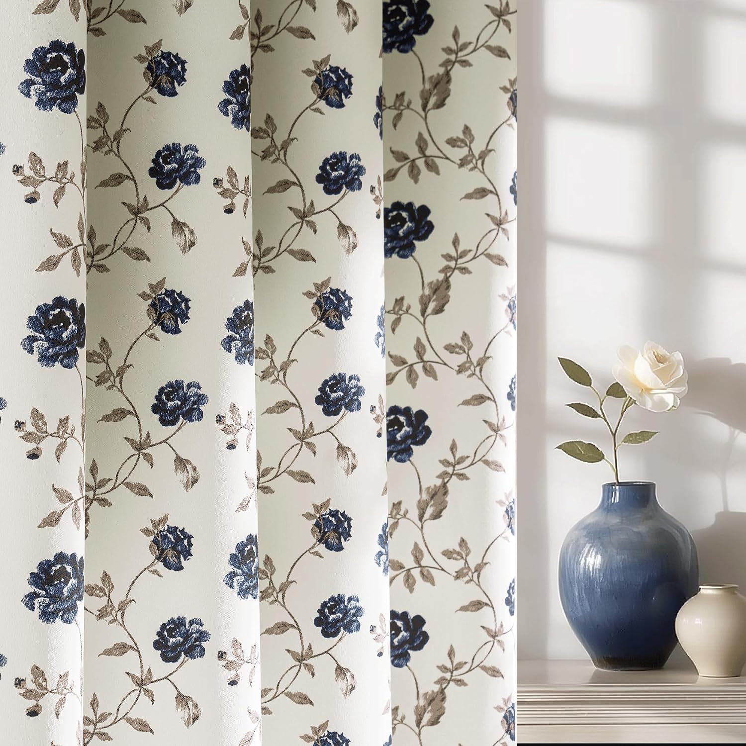 Beauoop Blue Floral 100% Blackout Curtains 90 Inches Long 2 Panels for Bedroom Living Room Vintage Rose Flower Patterned Room Darkening Thermal Soundproof Grommet Window Treatments Drapes, 52X90