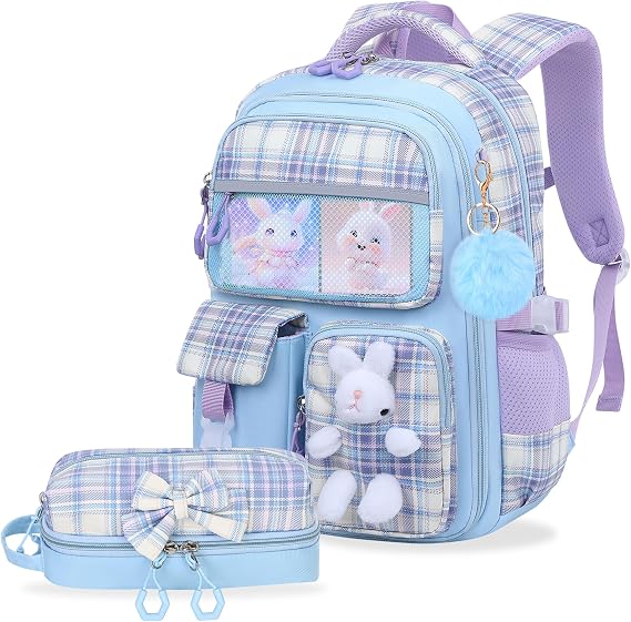 NSEQB Kids School Backpack Set for Elementary Girls,Kawaii Girls Backpack