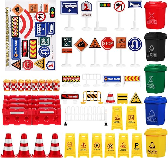 105PCS Mini Traffic Road Signs Set Mini Traffic Cones Construction Toys Miniature Trash can Light Crosswalk Signal Roadblocks Street Playset for Safety Education Plaything