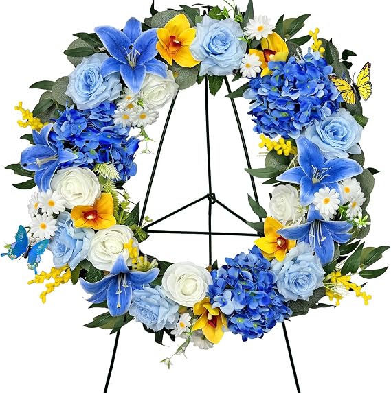 MUVIC Cemetery Wreath with Grave Holder, Artificial Flower Wreaths for Gravesit Decoration for You Loved Ones,Blue Rose Yellow Cemetery