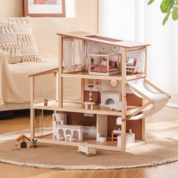 ROBOTIME Wooden Dollhouse, Doll House for Girls 3-Story Bohemian Style Doll House with 37- Piece Furniture & Awning, Pretend Play Wooden Dollhouse Gift for Kids Ages 3+