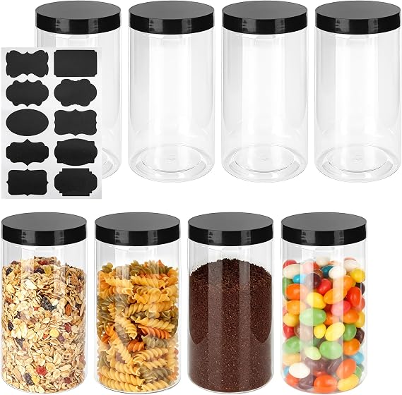 8PCS 1000ml Plastic Storage Jar with Black Lid, Round, Empty Clear