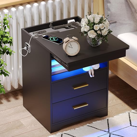 FREDEES Bedside Table with Hidden Drawer for Bedroom, Black