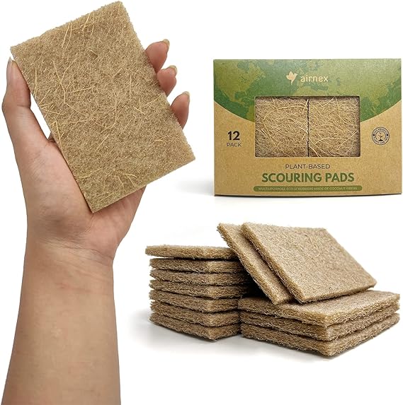 AIRNEX Plant-Based Scouring Pads for Dishes - Coconut Husk Non Scratch Scrub Pads - Natural Kitchen Scrubbing Pads for Pots & Pans - Eco Friendly & Non Abrasive Dish Scrubber Pads - Pack of 12