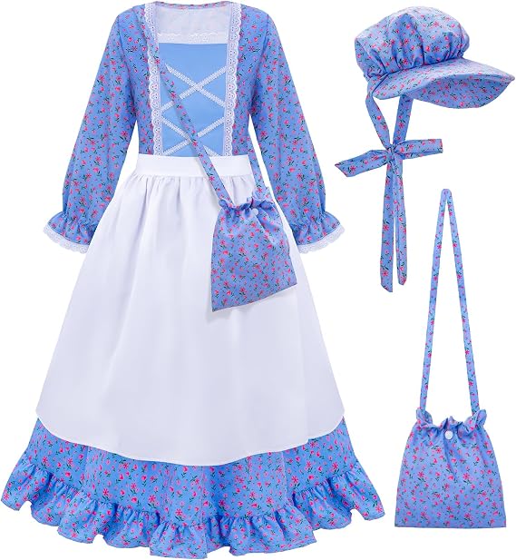 Meland Pioneer Dress for Girls - Colonial Floral Costume with Bonnet, Apron & Purse, Pionner Outfit for Girls 9-10 Years