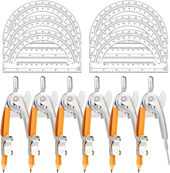 Mototo 12-PCS Geometry Tool Set, Math Compass for Geometry and 6 Inch Protractor Set Include Metal Compass with Pencil and Clear Plastic Protractor for Student Classroom Office Woodworking Art Drawing