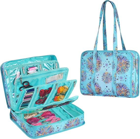 Hautton Sewing Craft Supplies Storage Tote, Large Capacity Organizer Bag with Multi Clear Pockets and Handle for Knitting, Crochet, Art Tools, Threads, Needles, Scissors and Accessories -Emerald