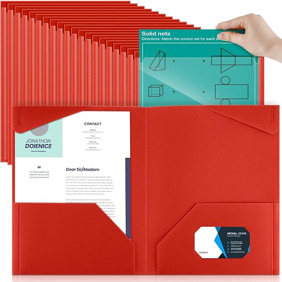 Henoyso 60 Pack Plastic Folders with Clear Front Pockets Bulk Heavy Duty File Folders with 2 Pockets and Card Slot for Student Teacher Back to School Supplies Office Presentation (Red)