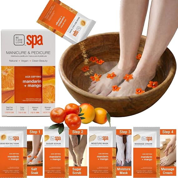 BCL Spa Mandarin + Mango Professional Pedicure Kit Foot Spa Set Exfoliate, Hydrate & Refresh Skin | Dead Sea Salt Soak, Sugar Scrub, Moisture Mask & Massage Cream | Professional & Home Uses