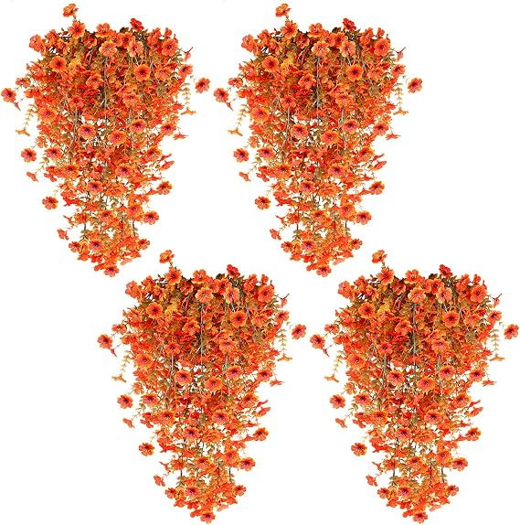 TURNMEON 4 Pcs Artificial Hanging Fall Flowers Fall Decorations, Fake Mums for Outdoors UV Resistant Hanging Plants Faux Silk Daisy Flowers for Autumn Decor Home Indoor Outside Gardens Porch Orange
