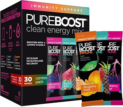 Pureboost Sugar-Free Immune Clean Energy Booster, Combo Pack 30 Count, Refreshing Energy Drink Mix and Immunity Supplement with Elderberry, 1,200 mg Vitamin C, Vitamins A + D, and Zinc