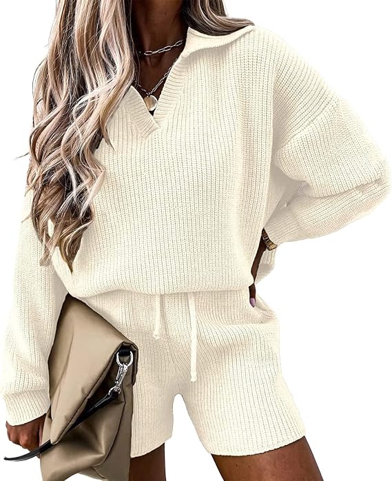 Women 2 Piece Sweater Set Off Shoulder Floral Knit Pullover Top and Zipper Knitted Shorts Suit Spring Outfits(Off White,Small)