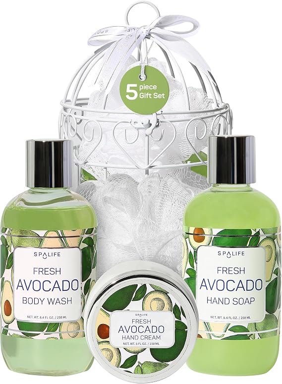 SpaLife Avocado Bath and Shower 4-Piece Gift Set in Bird Cage - Body Wash, Hand Soap, Hand Cream, and Sponge for The Ultimate Luxurious at-Home Spa! The Perfect Easter Bath Gift for Women