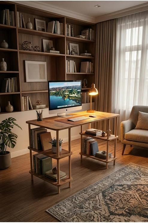 Kitaplıklı Bilgisayar Masası Raflı Çalışma Masası Modern Dekoratif Ofis Mobilyası Atlantik Çam