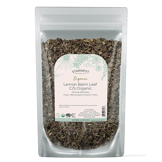Starwest Botanicals Organic Lemon Balm Leaves - Dried Herb for Tea, Loose Leaf Natural Herb, Cut & Sifted Lemon Balm, Certified Kosher, Non-GMO - 4 oz Bag