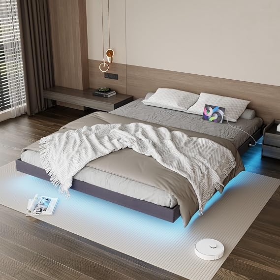 Floating Bed Frame King Size with LED Lights and Charging Station,Upholstered King Platform Bed Frame,Heavy Slats Support, Noise Free,Easy Assembly, No Box Spring Needed,Grey Linen