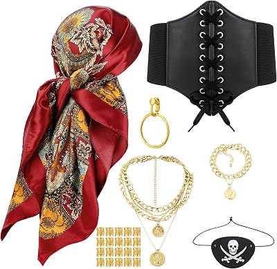 26Pcs Pirate Costume Accessories Women with Pirate Head Scarf Corset Eye Patch Necklace Bracelet Earrings Dreadlock Beads for Cosplay Party