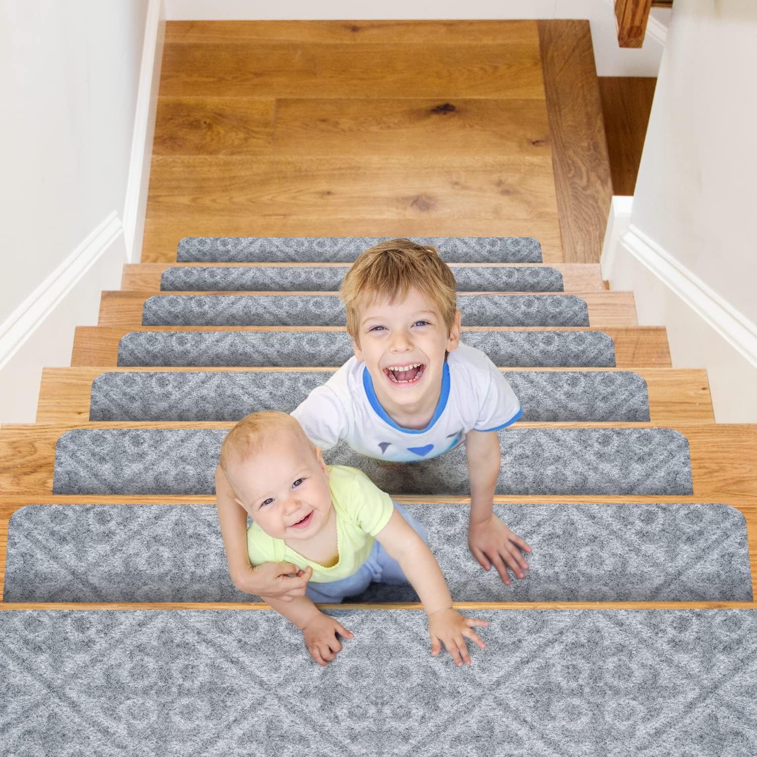 CrystalMX Non-Slip Carpet Stair Treads, Anti Moving Grip and Beauty Rug Tread Safety for Kids Elders and Dogs, 30" X 8" Ash, Set of 15