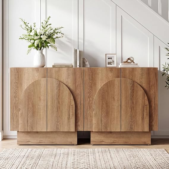 Ya-Home Natural Sideboard Buffet Cabinets with Storage, Modern Buffet Coffee Bar Table Stand Cabinets with Arched Doors, Farmhouse Wooden TV Media Console Table Credenza for Living Room/Entryway, 2PCS