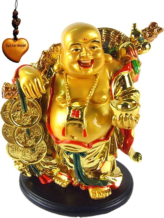 Betterdecor 5.5" Feng Shui Golden Laughing Happy Buddha Statue Holding Ingot Home Office Decor
